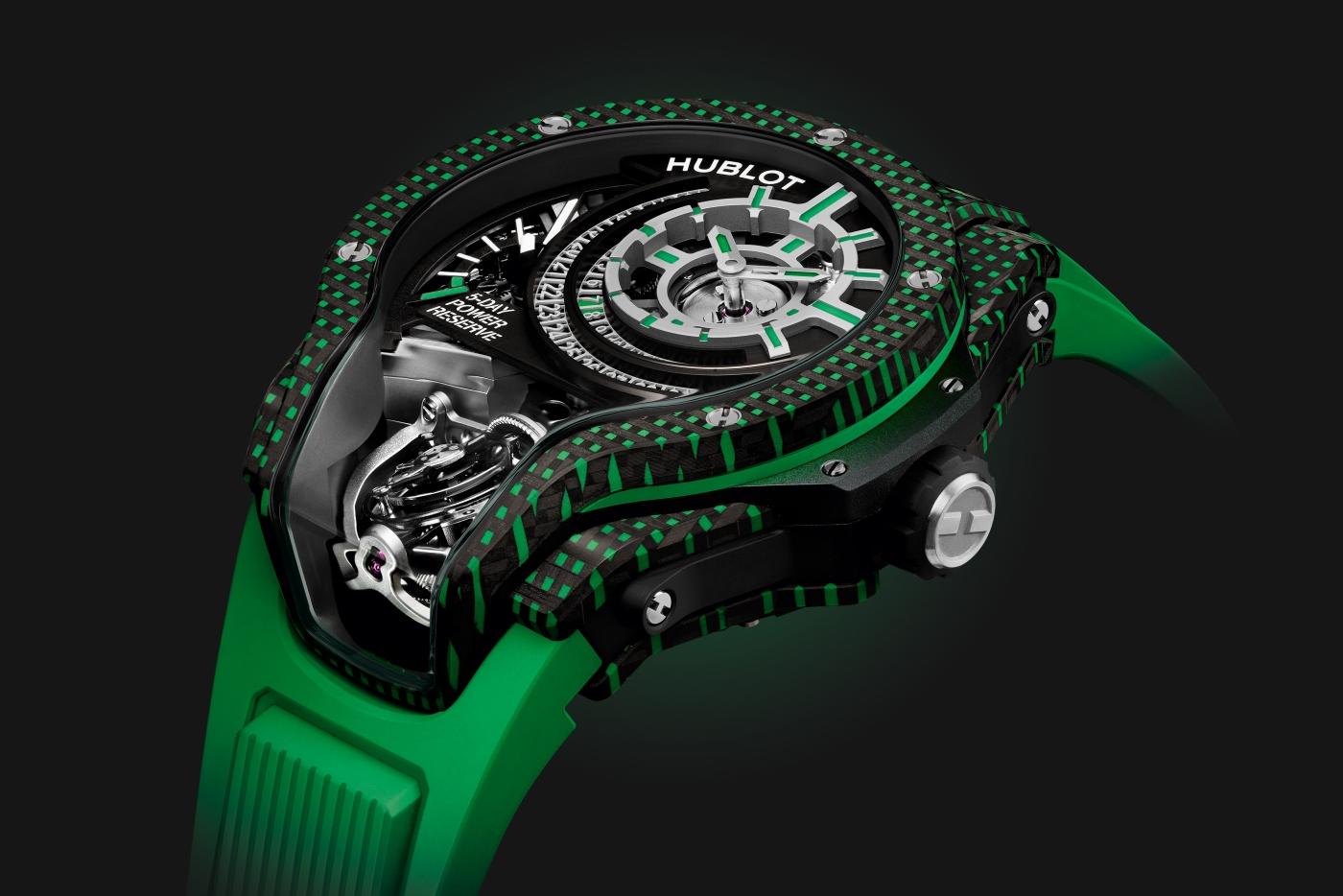 big bang mp-09 tourbillon bi axis green 3d carbon 49 mm shot