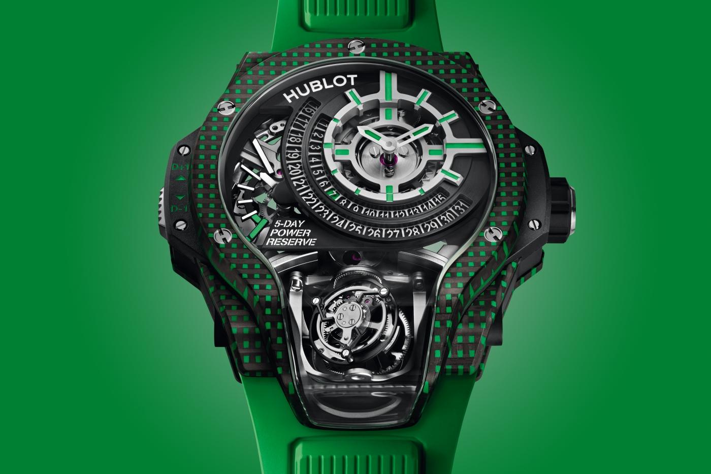 big bang mp-09 tourbillon bi axis green 3d carbon 49 mm shot
