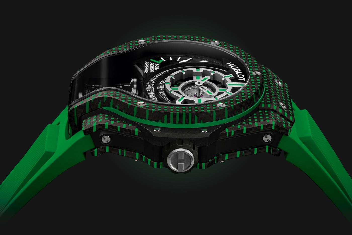 big bang mp-09 tourbillon bi axis green 3d carbon 49 mm shot