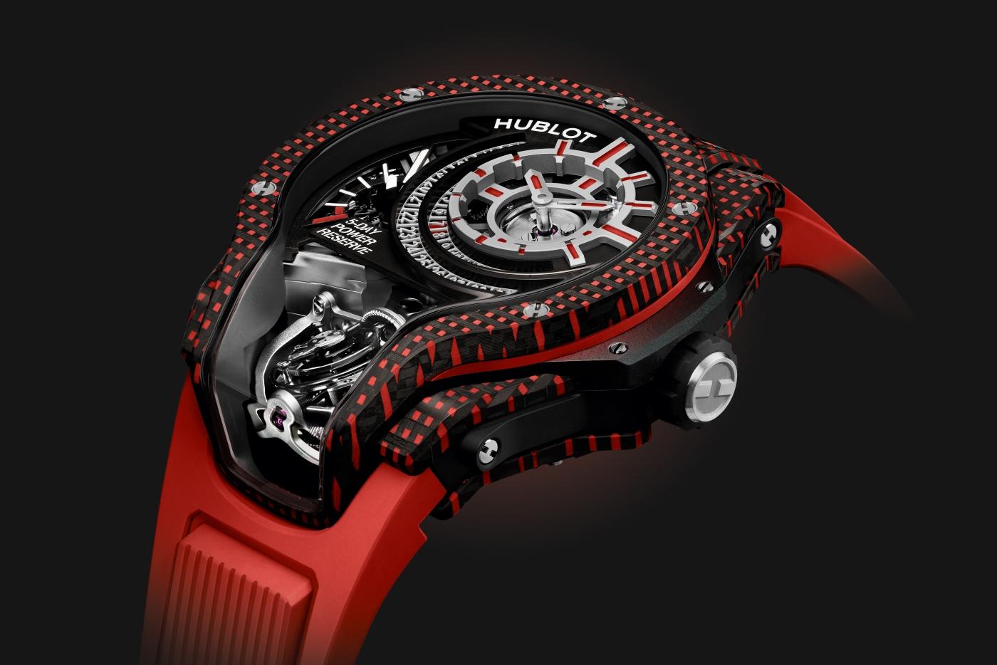 big bang mp-09 tourbillon bi axis red 3d carbon 49 mm shot