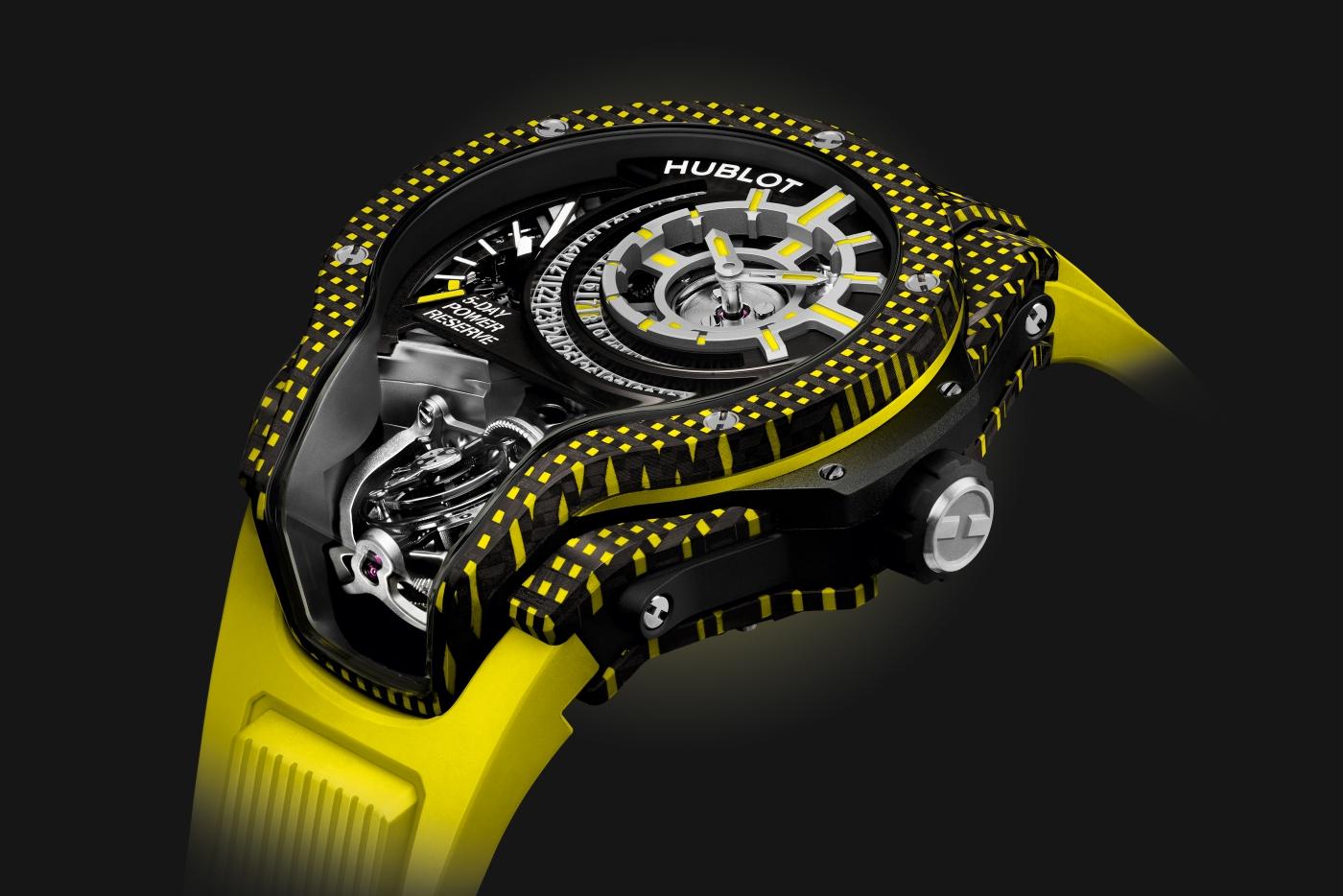 big bang mp-09 tourbillon bi axis yellow 3d carbon 49 mm shot