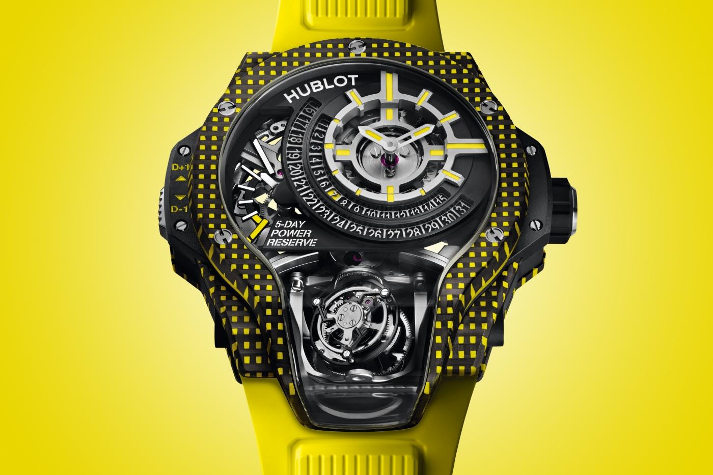 big bang mp-09 tourbillon bi axis yellow 3d carbon 49 mm shot