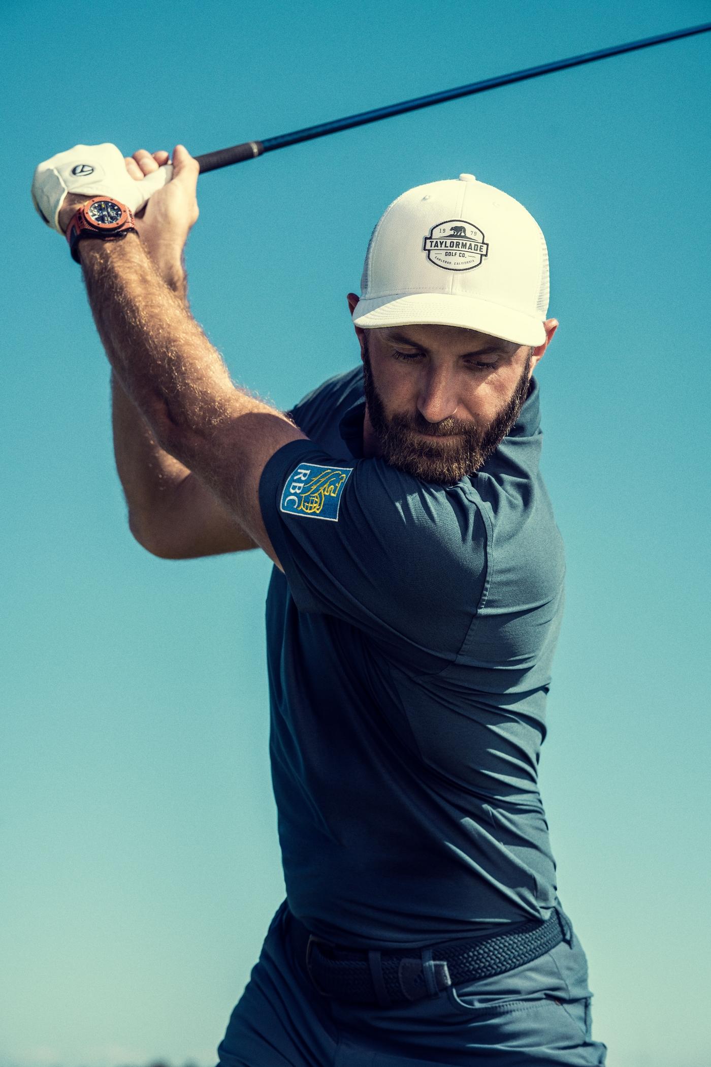 Hublot Ambassador Dustin Johnson wearing the Big Bang Unico Golf Orange Carbon